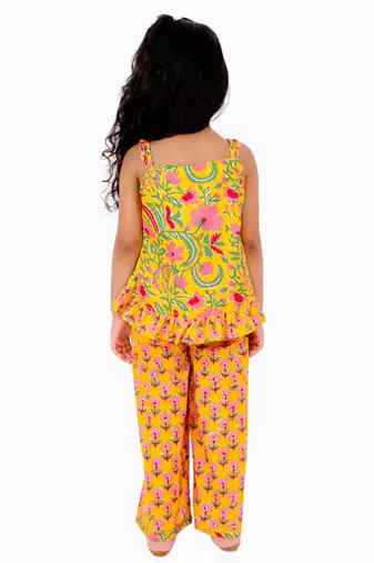 Sleeveless Floral Motif Print Ruffle Top With Flared Palazzo- Yellow