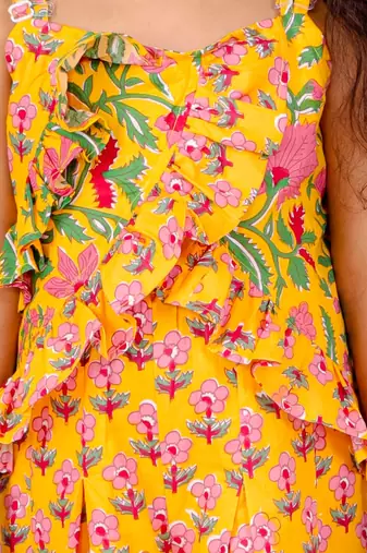 Sleeveless Floral Motif Print Ruffle Top With Flared Palazzo- Yellow