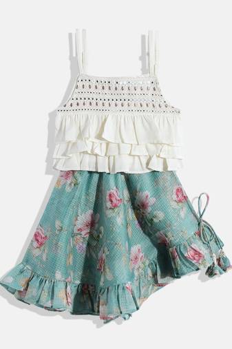 Sleeveless Mirror Work Embroidered Tiered Top With Floral Print Cross Cut Ghagra- Off White & Blue