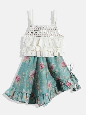 Sleeveless Mirror Work Embroidered Tiered Top With Floral Print Cross Cut Ghagra- Off White & Blue 1