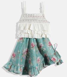 Sleeveless Mirror Work Embroidered Tiered Top With Floral Print Cross Cut Ghagra- Off White & Blue