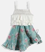 Sleeveless Mirror Work Embroidered Tiered Top With Floral Print Cross Cut Ghagra- Off White & Blue