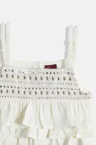 Sleeveless Mirror Work Embroidered Tiered Top With Floral Print Cross Cut Ghagra- Off White & Blue
