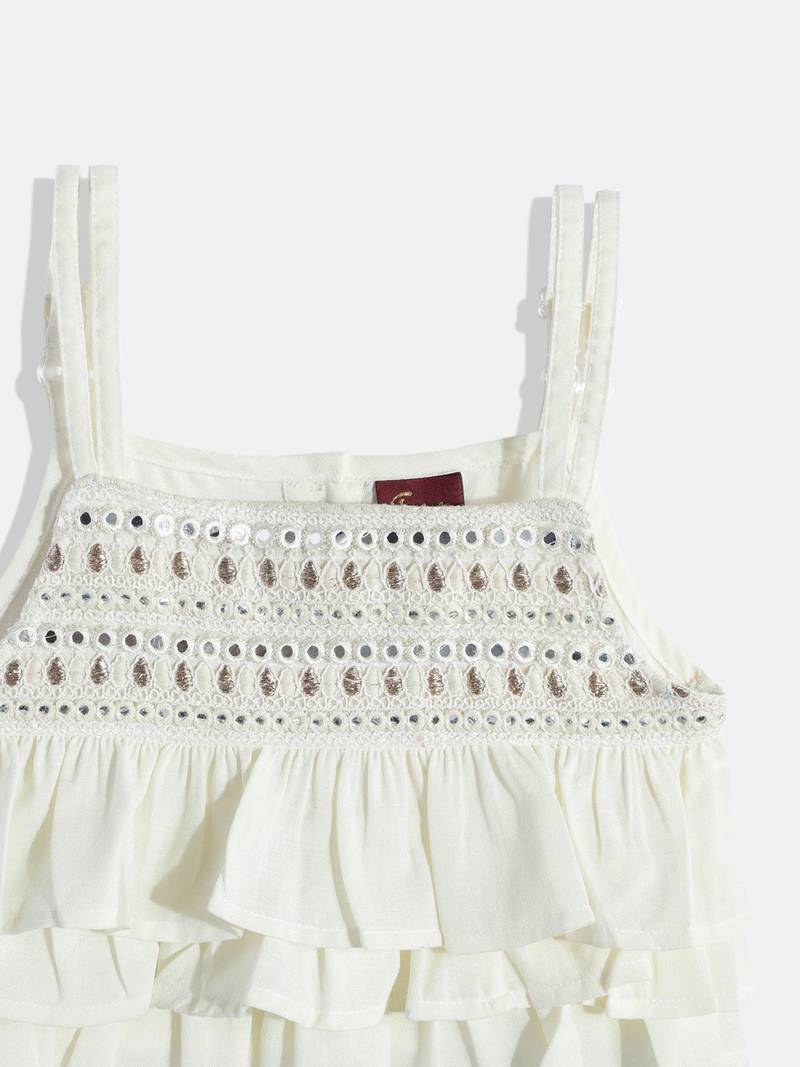 Sleeveless Mirror Work Embroidered Tiered Top With Floral Print Cross Cut Ghagra- Off White & Blue