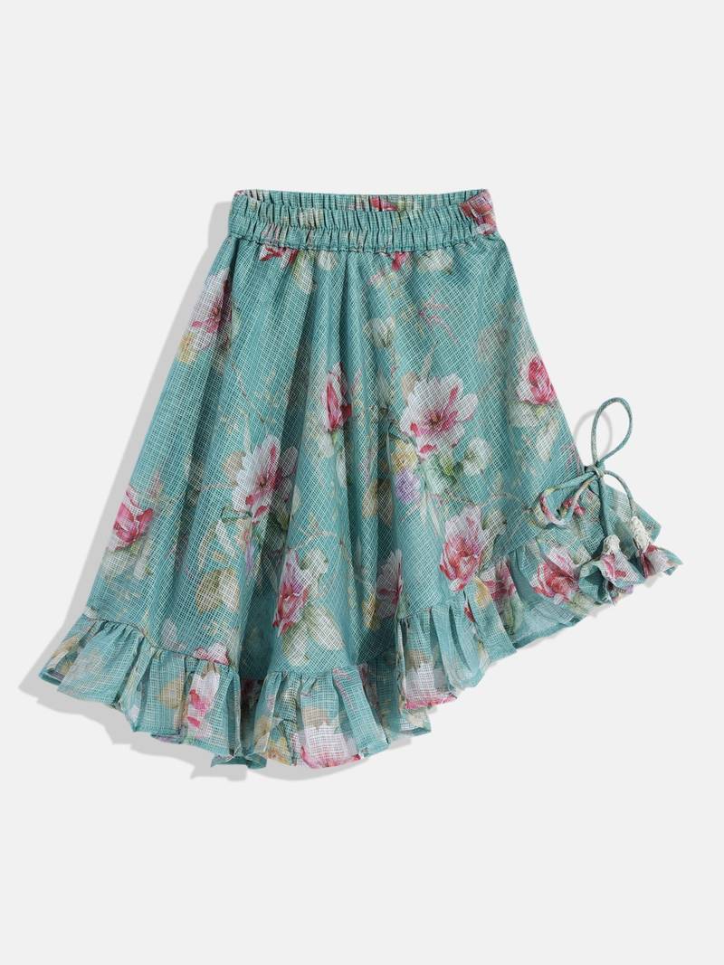 Sleeveless Mirror Work Embroidered Tiered Top With Floral Print Cross Cut Ghagra- Off White & Blue