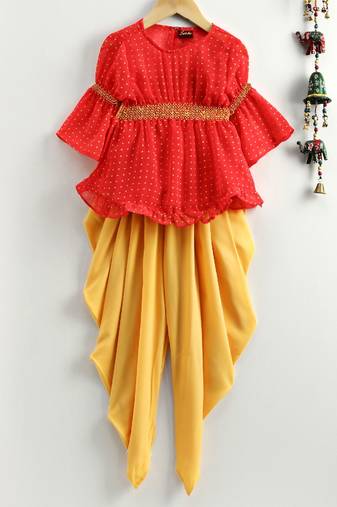 Three Quarter Sleeves Top With Dhoti Pants - Coral & Yellow