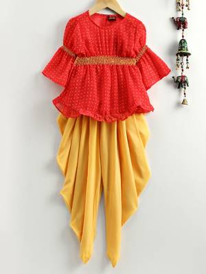 Three Quarter Sleeves Top With Dhoti Pants - Coral & Yellow 1