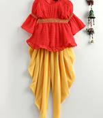 Three Quarter Sleeves Top With Dhoti Pants - Coral & Yellow