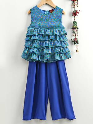 Printed Frill Top With Palazzos- Blue 1