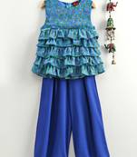 Printed Frill Top With Palazzos- Blue
