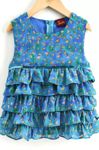 Printed Frill Top With Palazzos- Blue