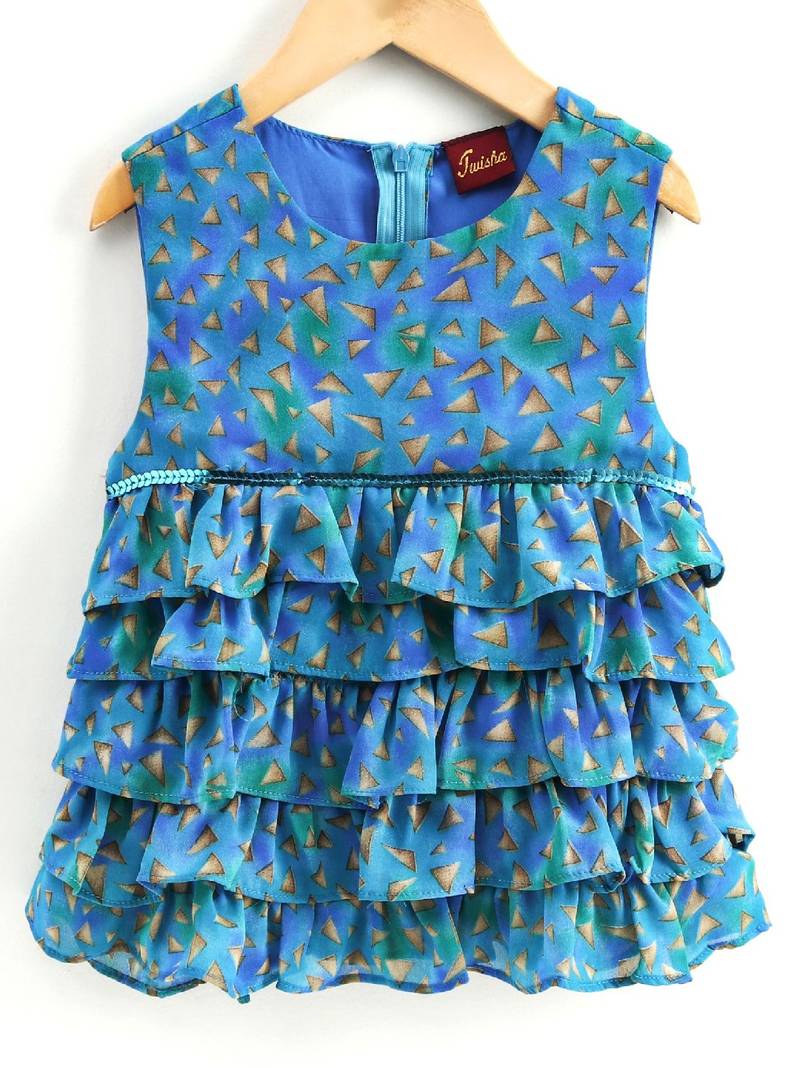 Printed Frill Top With Palazzos- Blue