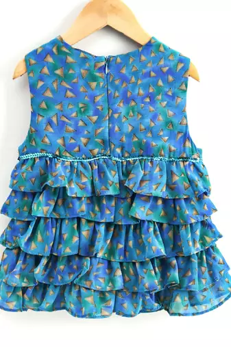 Printed Frill Top With Palazzos- Blue