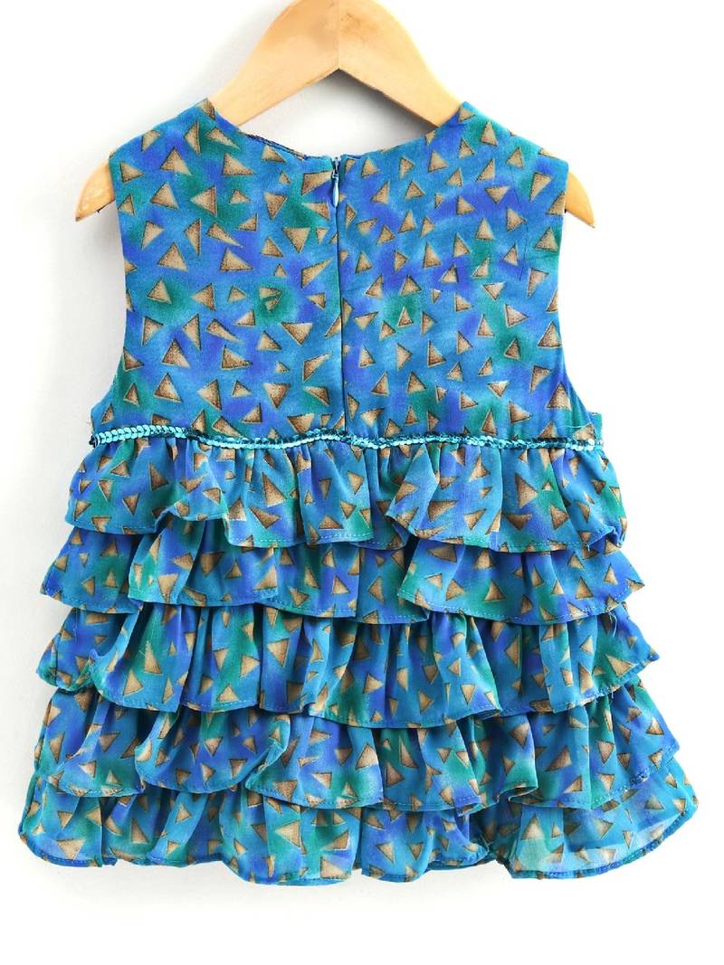 Printed Frill Top With Palazzos- Blue