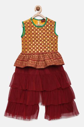 Embroidered Peplum Top With Sharara- Yellow & Maroon