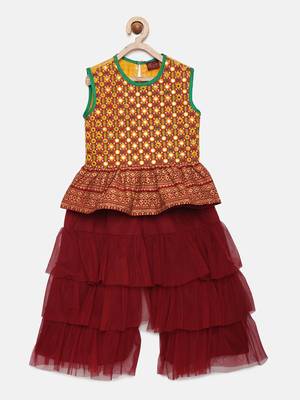 Embroidered Peplum Top With Sharara- Yellow & Maroon 1