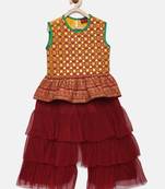 Embroidered Peplum Top With Sharara- Yellow & Maroon