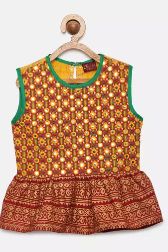 Embroidered Peplum Top With Sharara- Yellow & Maroon