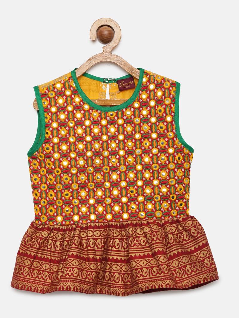 Embroidered Peplum Top With Sharara- Yellow & Maroon