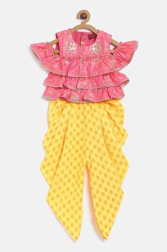 Self Design Cold Shoulder Top With Printed Dhoti Pants - Coral & Yellow