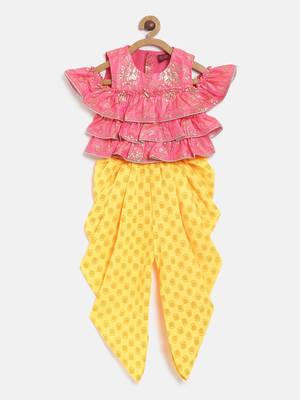 Self Design Cold Shoulder Top With Printed Dhoti Pants - Coral & Yellow 1