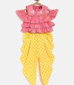 Self Design Cold Shoulder Top With Printed Dhoti Pants - Coral & Yellow