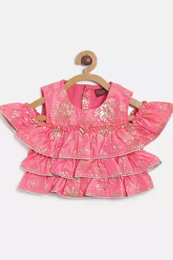 Self Design Cold Shoulder Top With Printed Dhoti Pants - Coral & Yellow