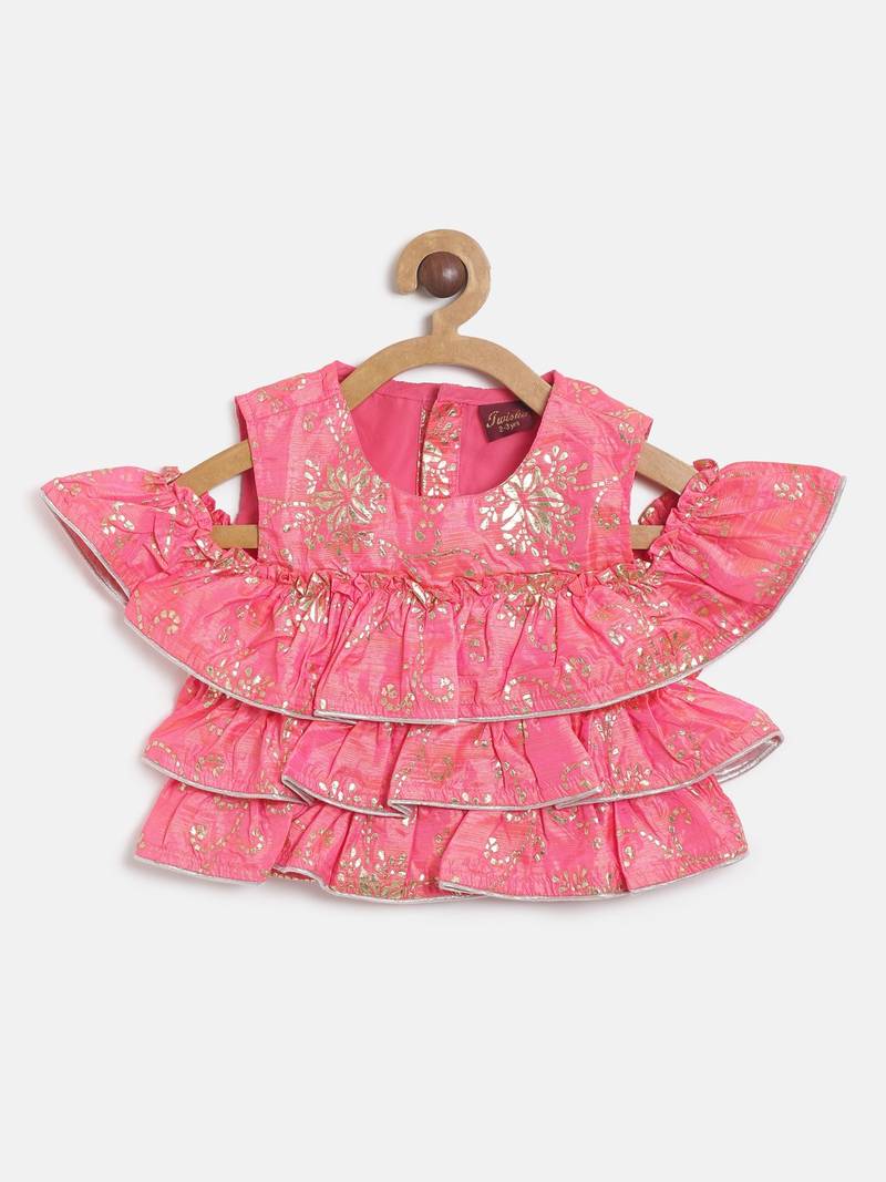 Self Design Cold Shoulder Top With Printed Dhoti Pants - Coral & Yellow