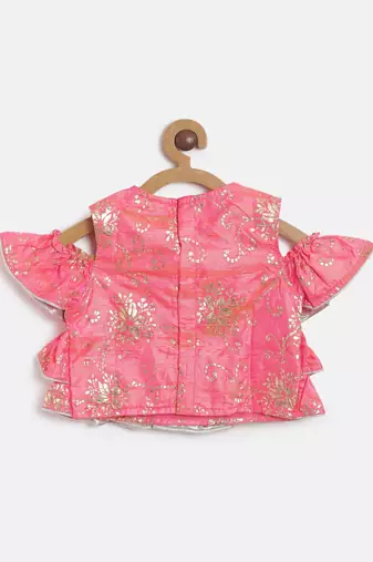 Self Design Cold Shoulder Top With Printed Dhoti Pants - Coral & Yellow