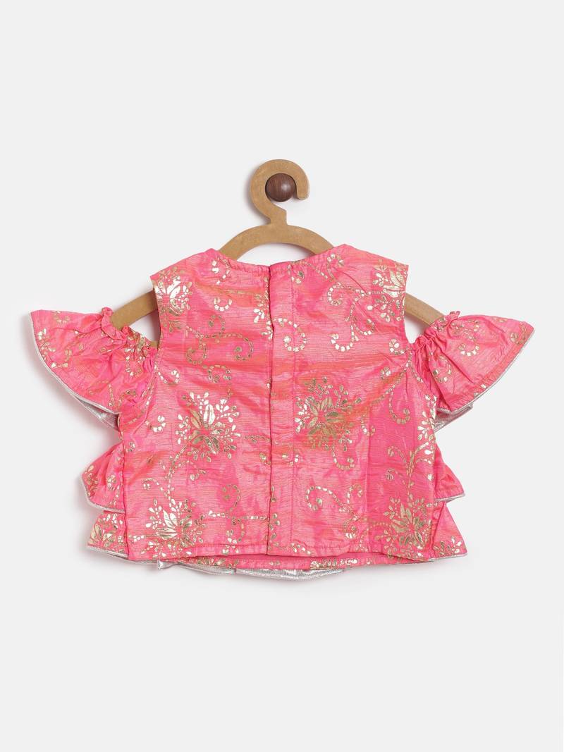 Self Design Cold Shoulder Top With Printed Dhoti Pants - Coral & Yellow