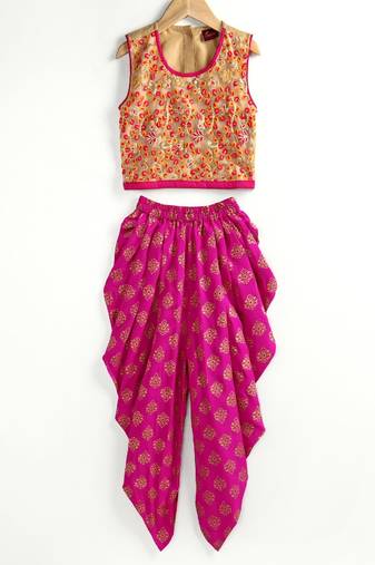 Embroidered Top With Printed Dhoti Pants - Beige & Pink