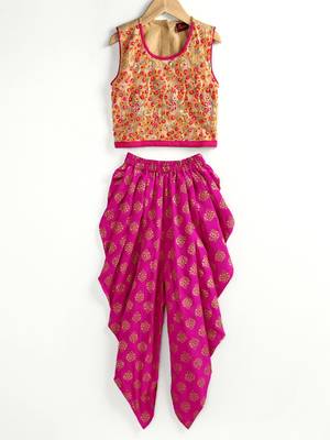 Embroidered Top With Printed Dhoti Pants - Beige & Pink 1