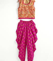 Embroidered Top With Printed Dhoti Pants - Beige & Pink