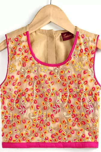 Embroidered Top With Printed Dhoti Pants - Beige & Pink