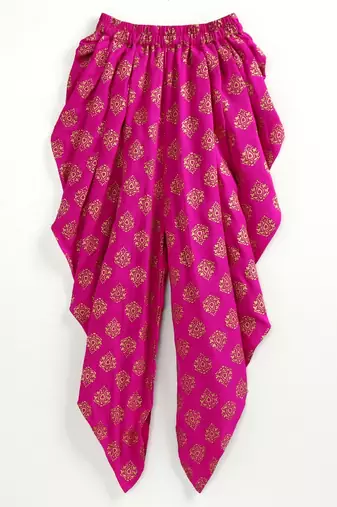Embroidered Top With Printed Dhoti Pants - Beige & Pink