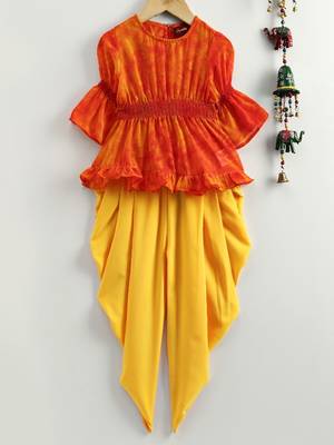 Printed Top With Dhoti Pants - Orange & Yellow 1