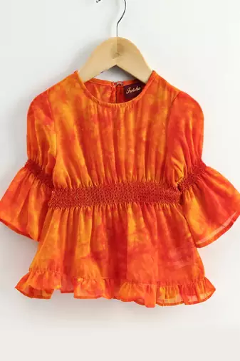 Printed Top With Dhoti Pants - Orange & Yellow