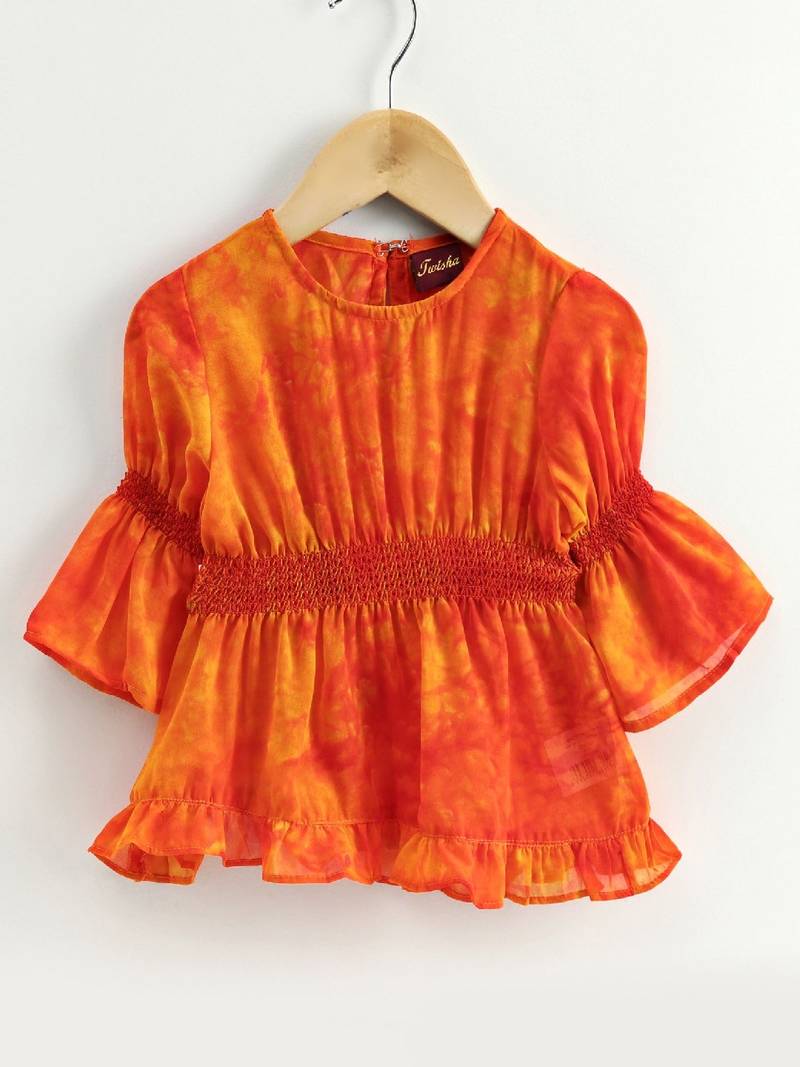 Printed Top With Dhoti Pants - Orange & Yellow