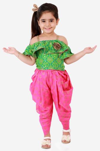 Cold Shoulder Self Design Top With Printed Dhoti Pants Set- Green & Pink