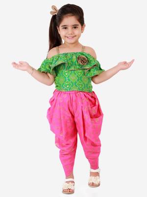 Cold Shoulder Self Design Top With Printed Dhoti Pants Set- Green & Pink 1