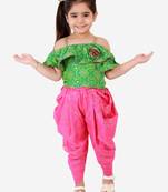 Cold Shoulder Self Design Top With Printed Dhoti Pants Set- Green & Pink