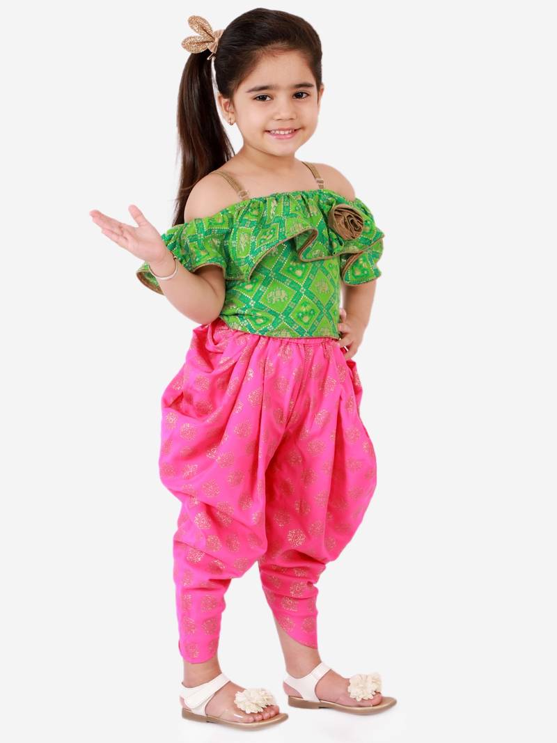 Cold Shoulder Self Design Top With Printed Dhoti Pants Set- Green & Pink