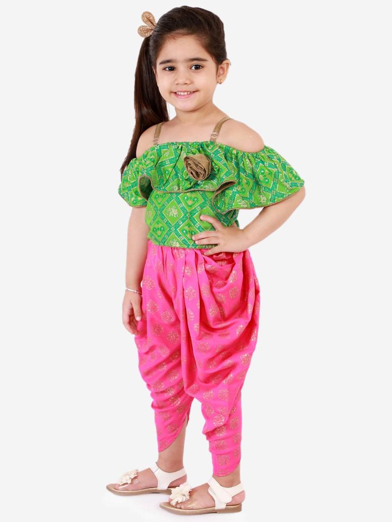 Cold Shoulder Self Design Top With Printed Dhoti Pants Set- Green & Pink