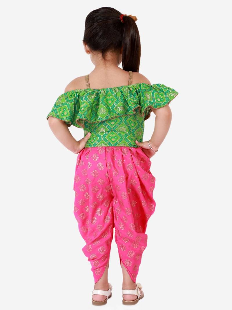 Cold Shoulder Self Design Top With Printed Dhoti Pants Set- Green & Pink
