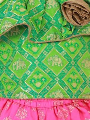 Cold Shoulder Self Design Top With Printed Dhoti Pants Set- Green & Pink 5