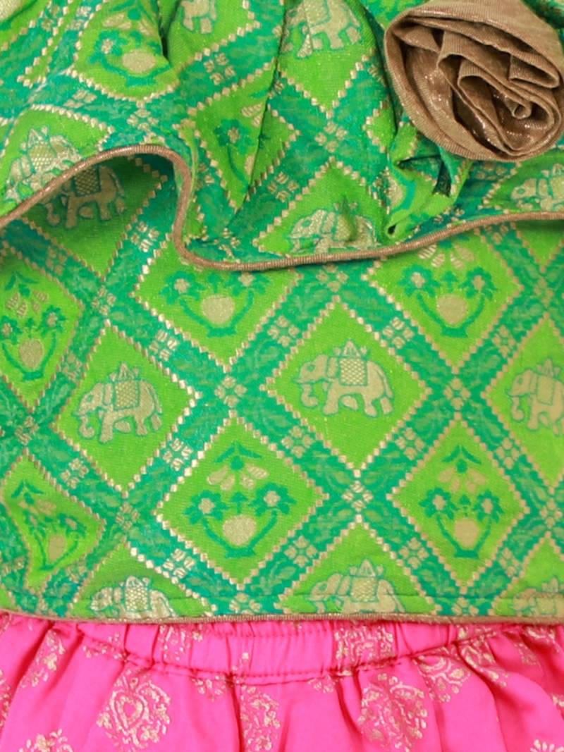 Cold Shoulder Self Design Top With Printed Dhoti Pants Set- Green & Pink