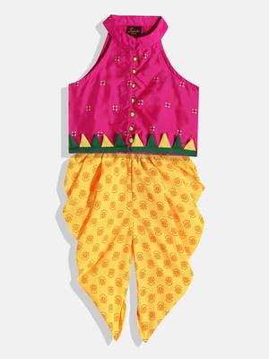 Self Designtop With Printed Dhoti Pants- Pink & Yellow 1