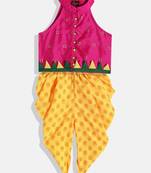 Self Designtop With Printed Dhoti Pants- Pink & Yellow
