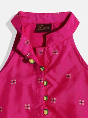 Self Designtop With Printed Dhoti Pants- Pink & Yellow 3
