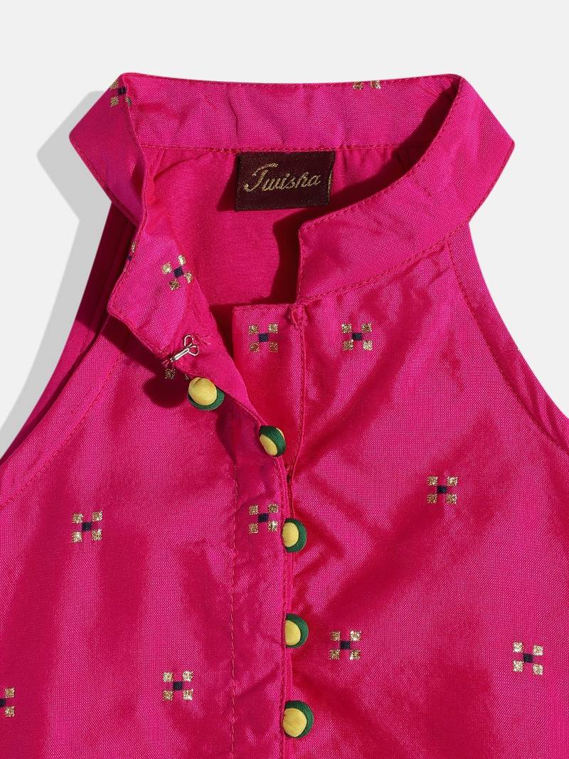 Self Designtop With Printed Dhoti Pants- Pink & Yellow